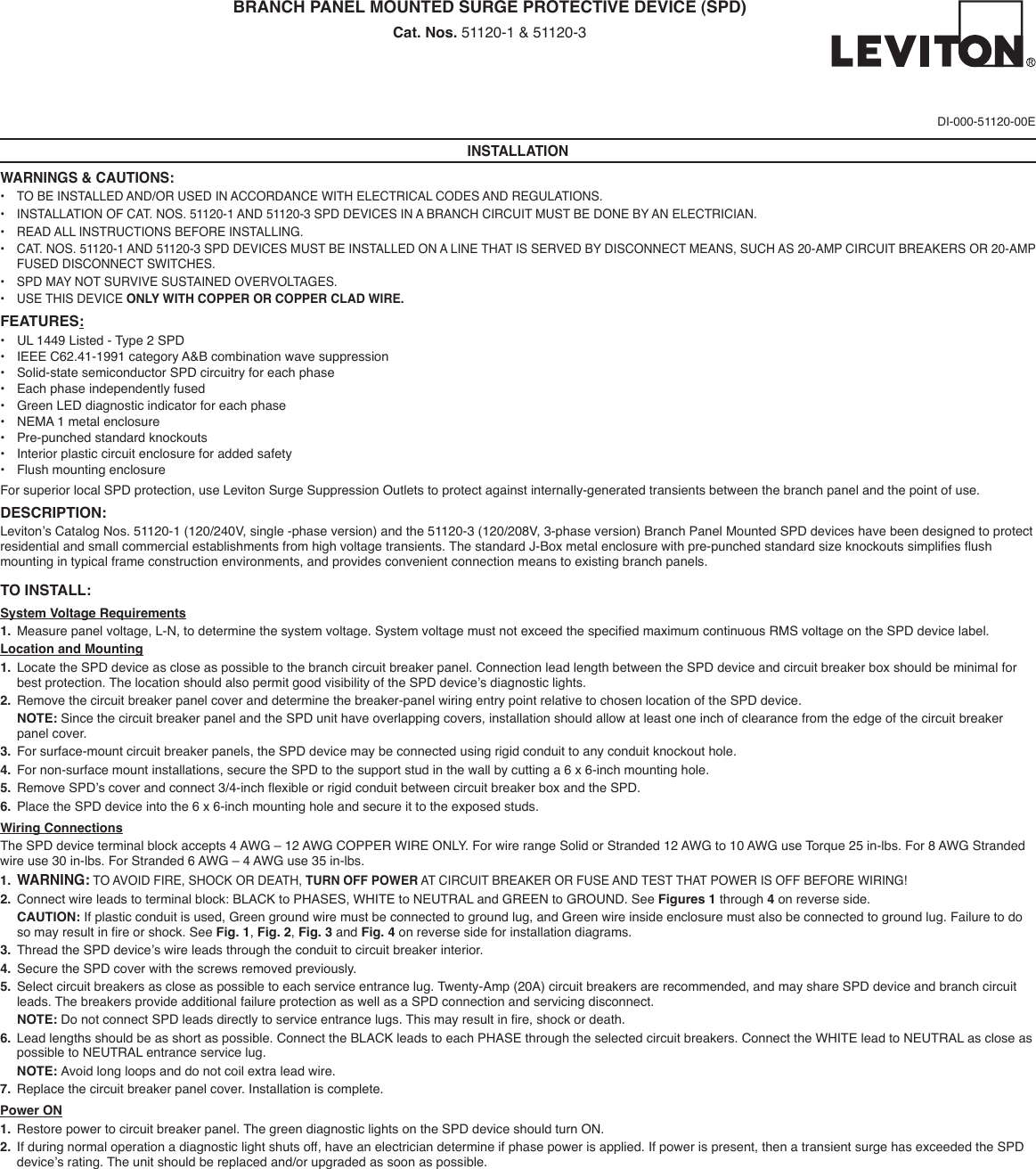Page 1 of 3 - Leviton 51120-1 Surge Protector Installation Instructions Brochure