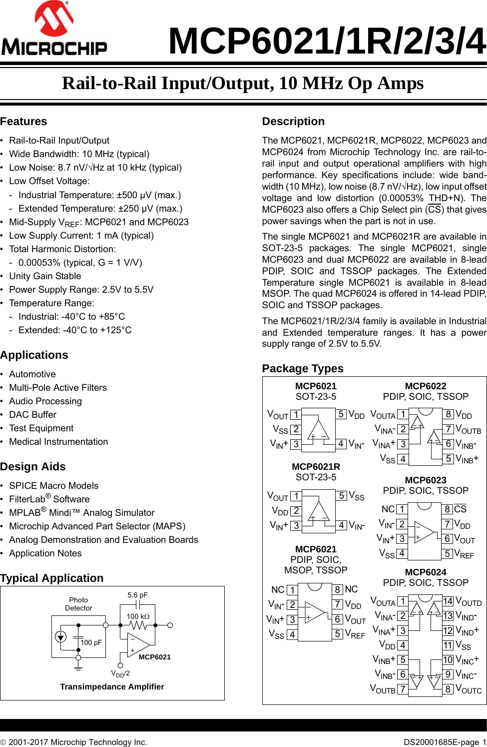 MCP6021/1R/2/3/4 Rail to Input/Output, 10 MHz Op Amps Data Sheet 20001685E