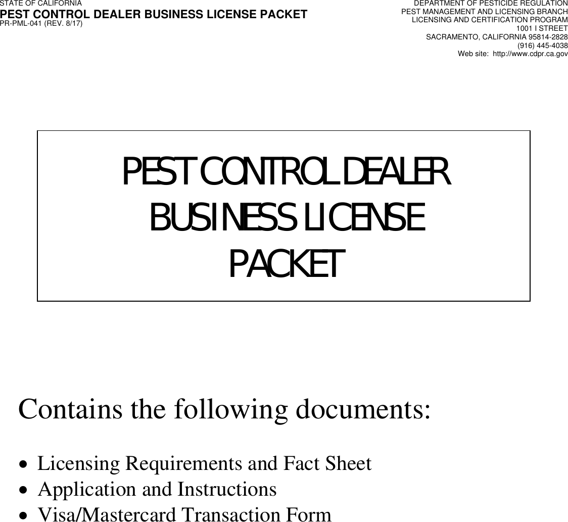 Page 1 of 11 - Pest Control Dealer License Application, DPR-PML-041  20180612 145141 PCDBL Packet