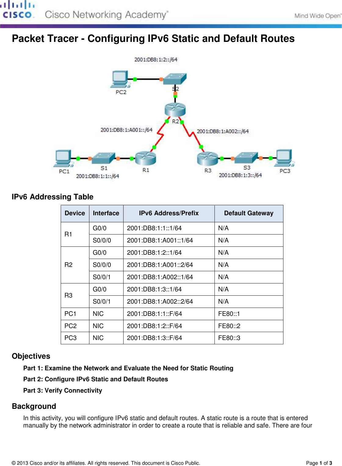 Page 1 of 3 - 2.2.4.4 Packet Tracer - Configuring IPv6 Static And Routes Instructions