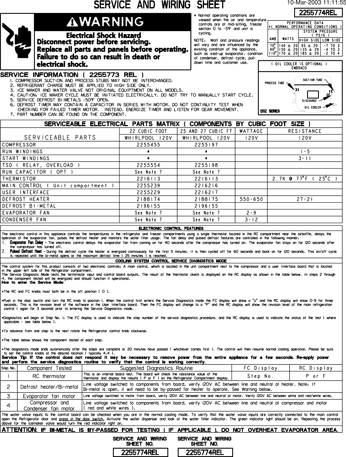 Page 1 of 2 - LIT-SERVICE AND WIRING SHEET 2255774 - Whrlpl Gold GD5NHAXMB00 Service