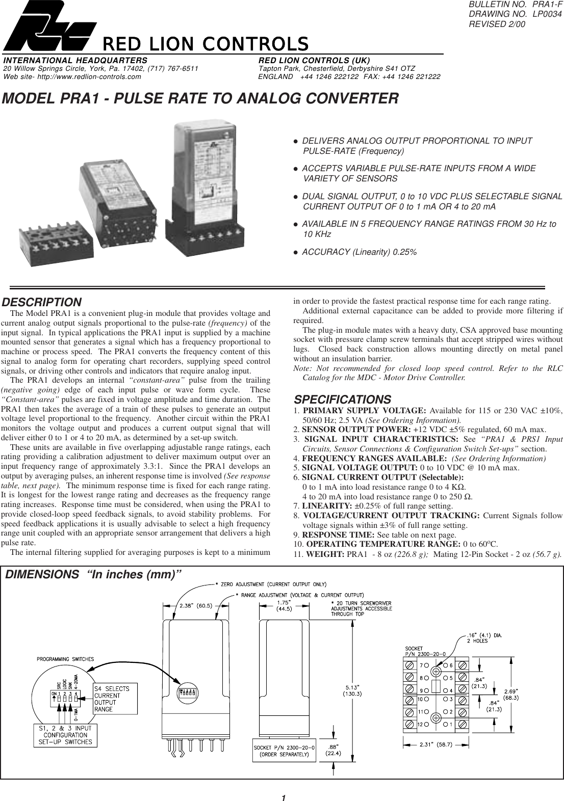 Page 1 of 4 - PRA1 Data Sheet/Manual PDF