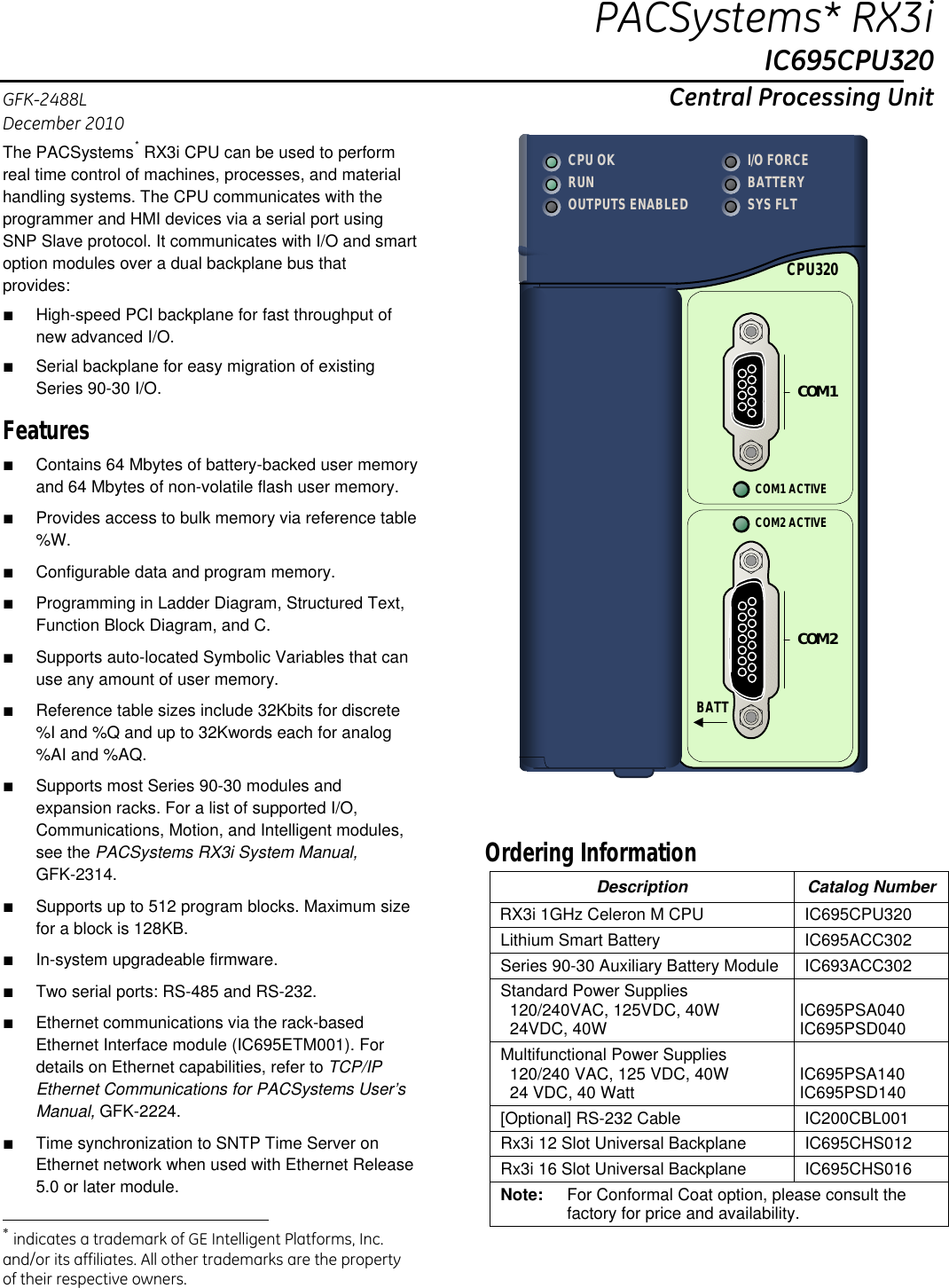 Page 1 of 12 - PACSystems RX3i CPUs, IC695CPU320-FL, V. 6.70, GFK-2488L