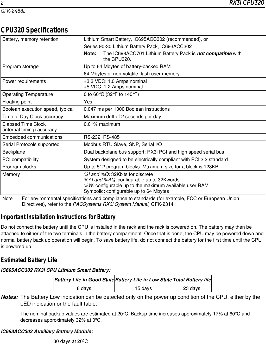 Page 2 of 12 - PACSystems RX3i CPUs, IC695CPU320-FL, V. 6.70, GFK-2488L