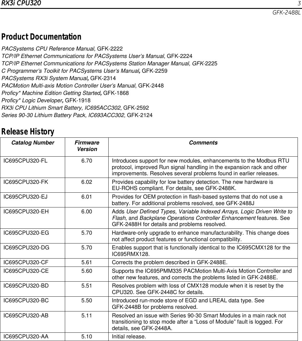 Page 3 of 12 - PACSystems RX3i CPUs, IC695CPU320-FL, V. 6.70, GFK-2488L