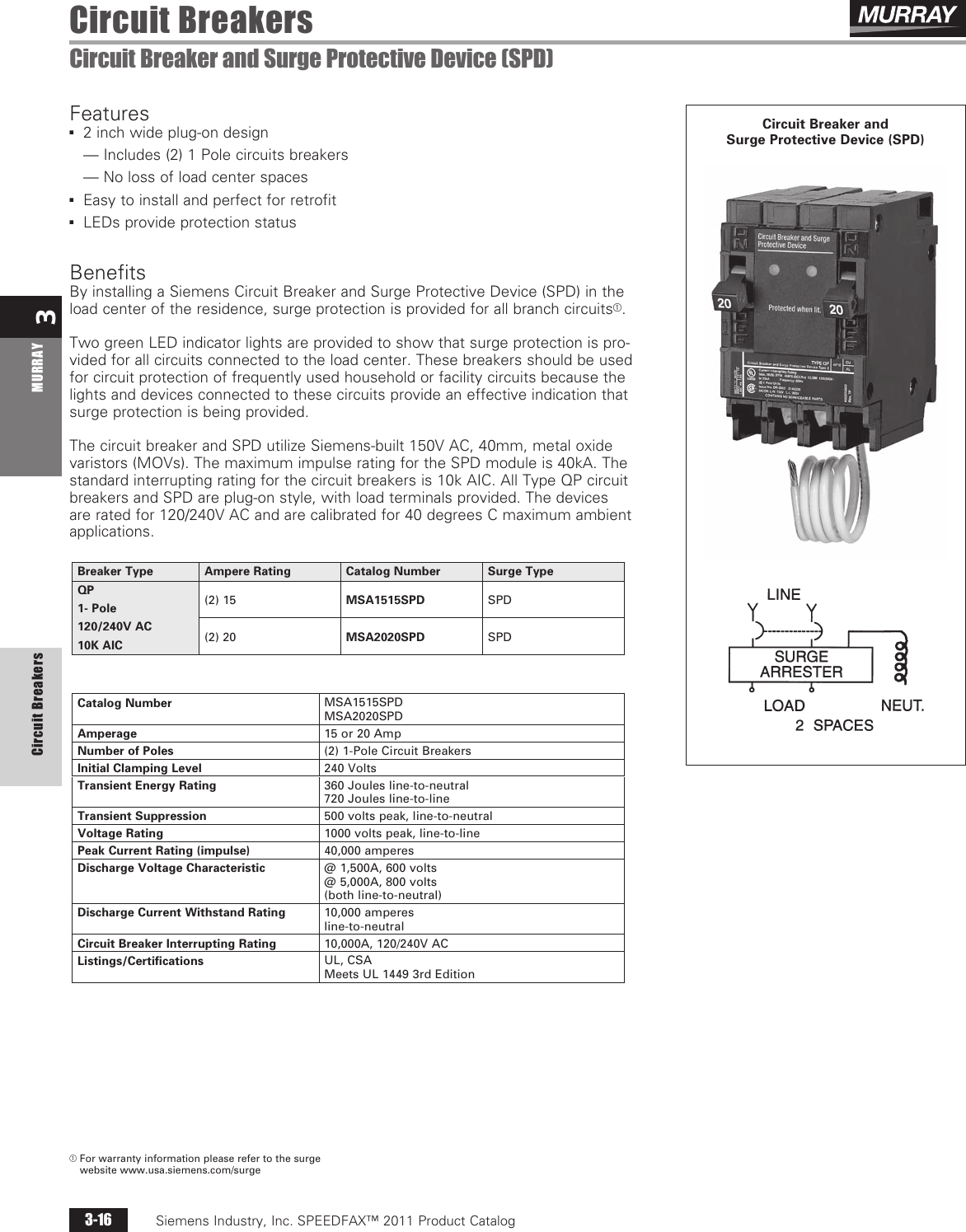 10 Ka Siemens -HI 1 P Murray MQ115 Type Msq Circuit Breaker 120 Vac 15 A