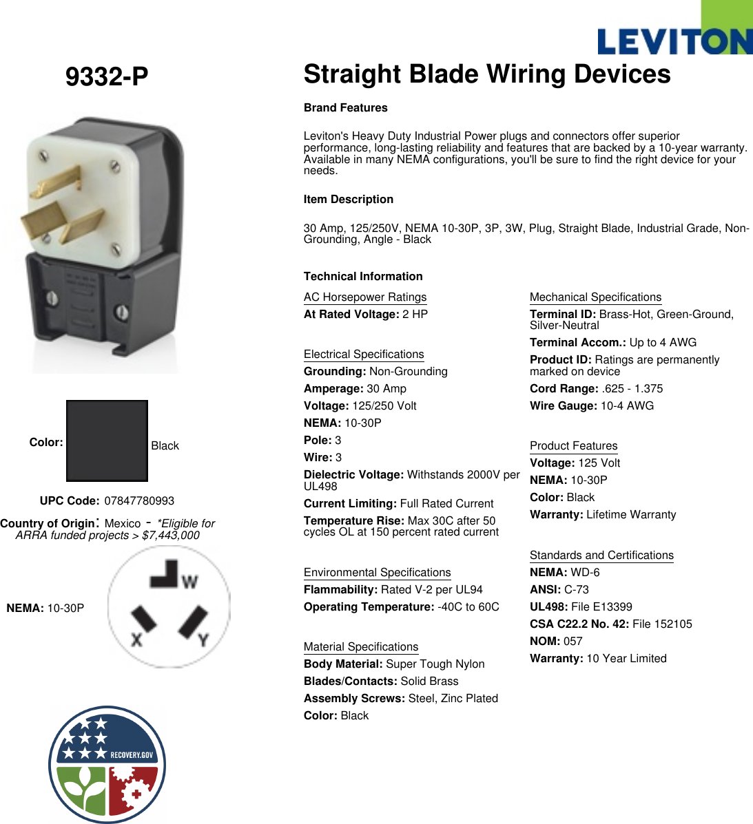 Black Plug Leviton 9332-P 30 Amp Non-Grounding Angle Industrial Grade 125//250 Volt Straight Blade