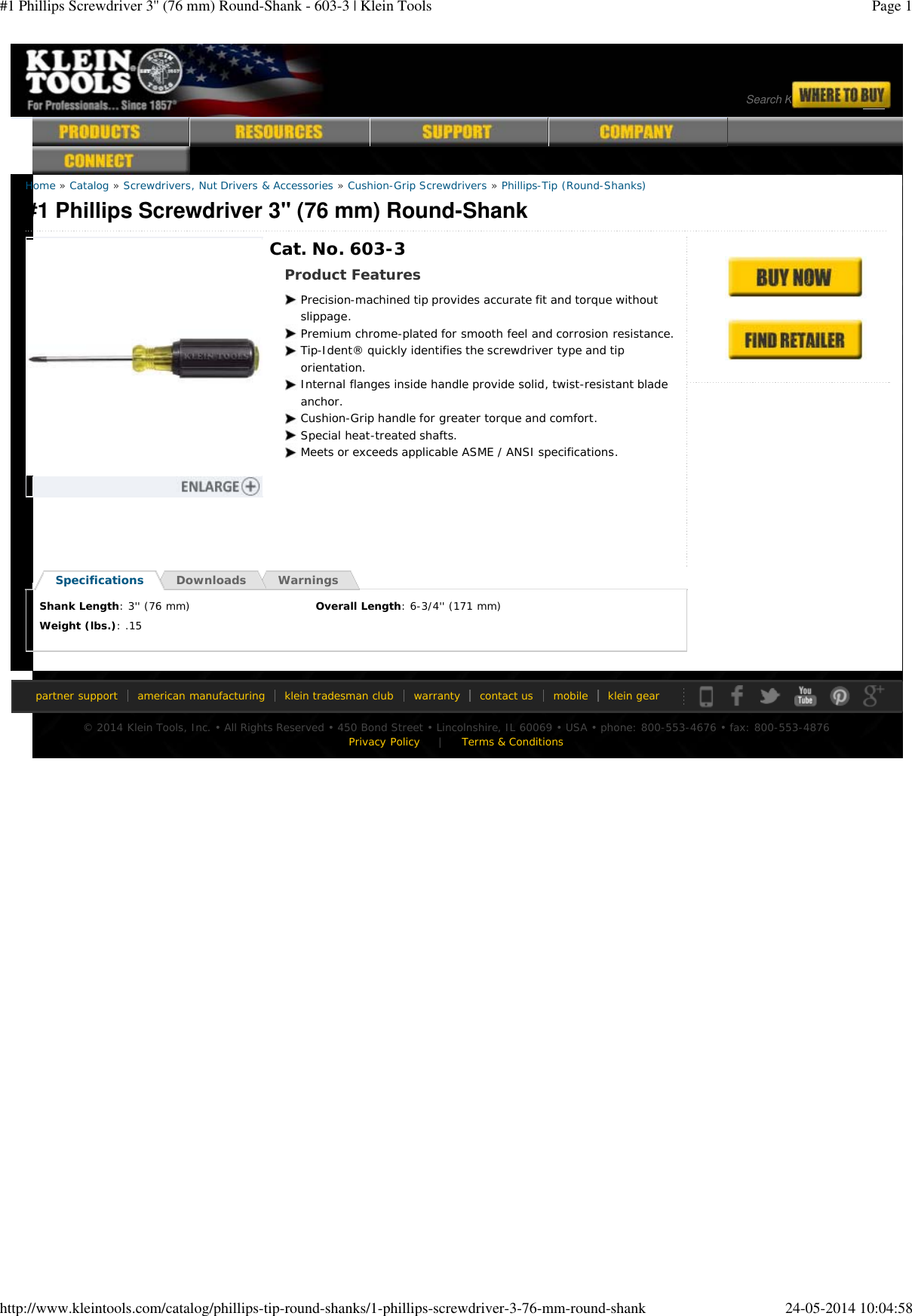 Page 1 of 1 - #1 Phillips Screwdriver 3'' (76 Mm) Round-Shank - 603-3 | Klein Tools