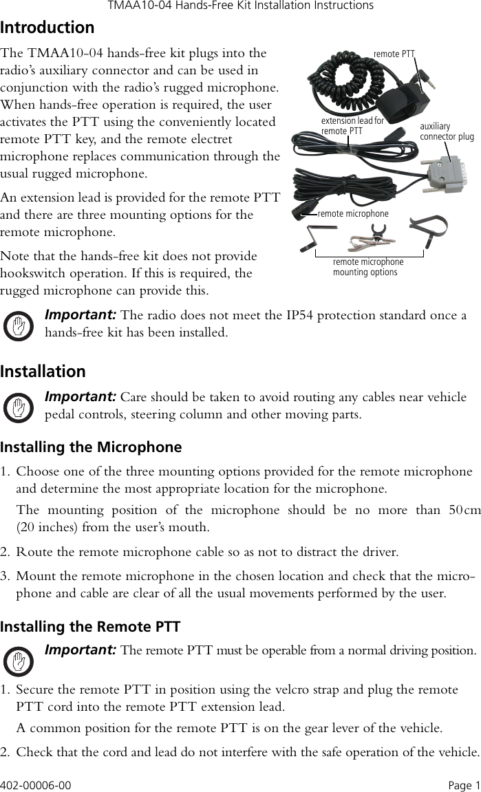 Page 1 of 3 - TMAA10-04_Hands-free_instA6 TM8000/TM8000 Ccts Etc/402-00006-00_TMAA10-04 Hands-Free Kit Installation Instructions 402-00006-00 TMAA10-04