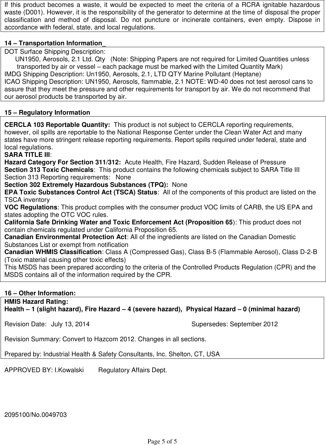 Page 5 of 5 - Material Safety Data Sheet (MSDS)  416030