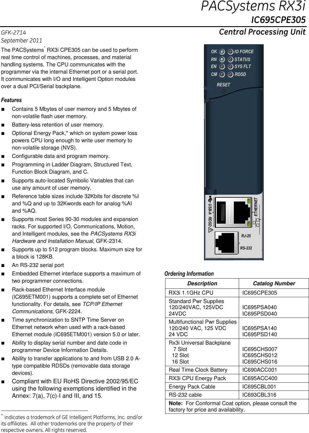 PACSystems RX3i CPUs, IC695CPE305 AAAA, GFK 2714 Brochure