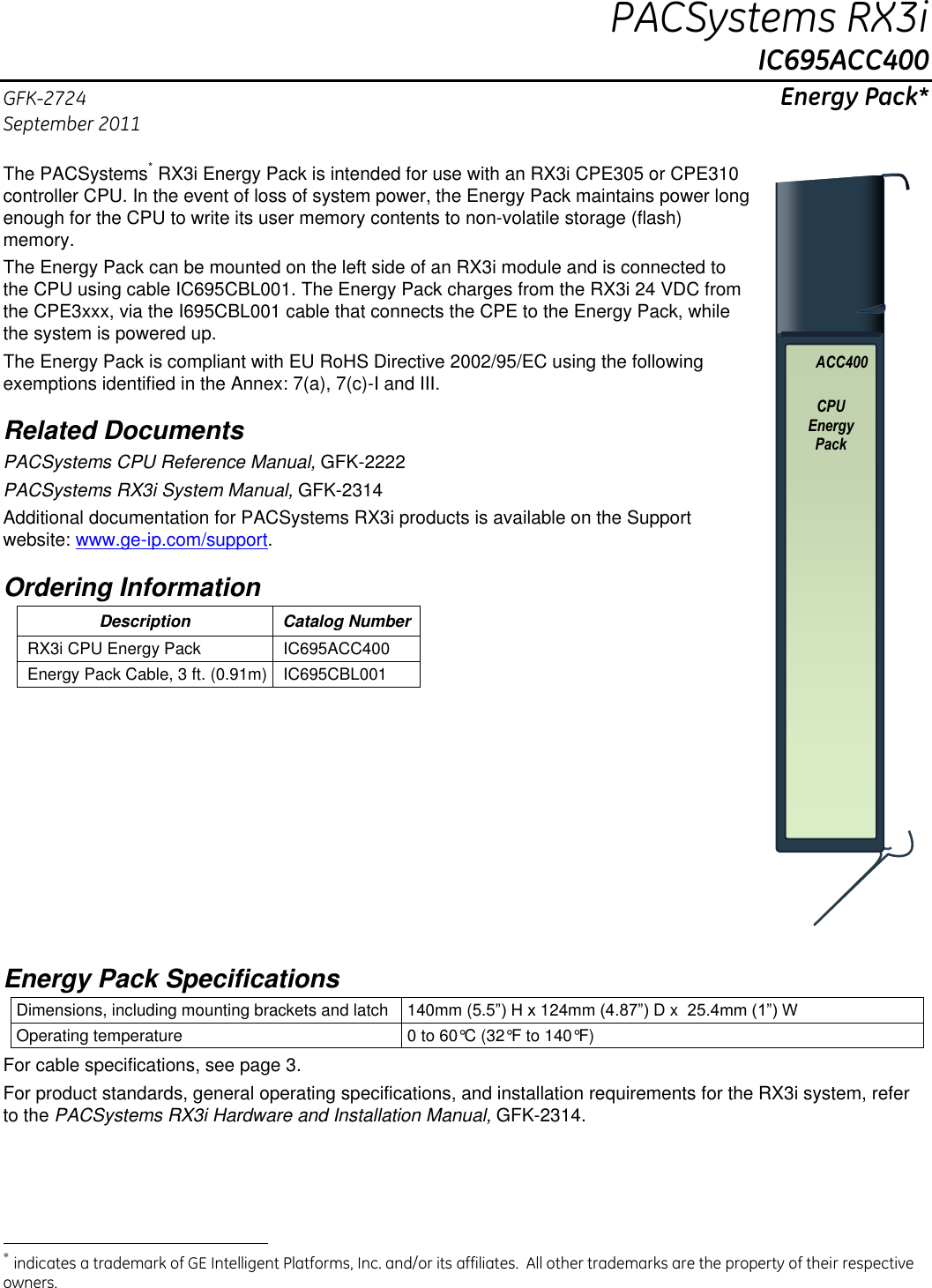 Page 1 of 4 - PACSystems RX3i Energy Pack, IC695ACC400, GFK-2724  Installation Directions