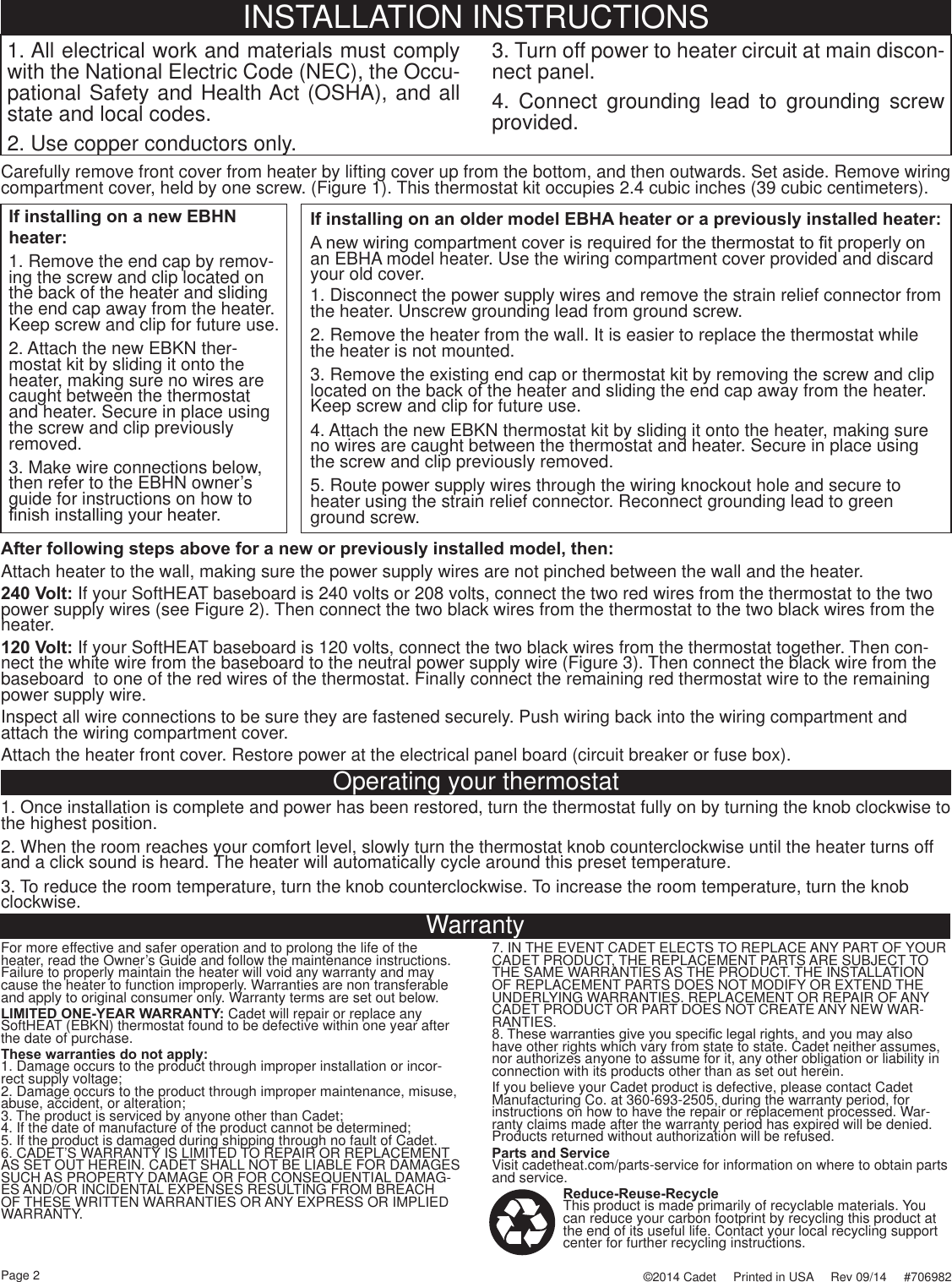 Page 2 of 6 - SoftHEAT EBKN Thermostat Owners Guide  Installation Directions