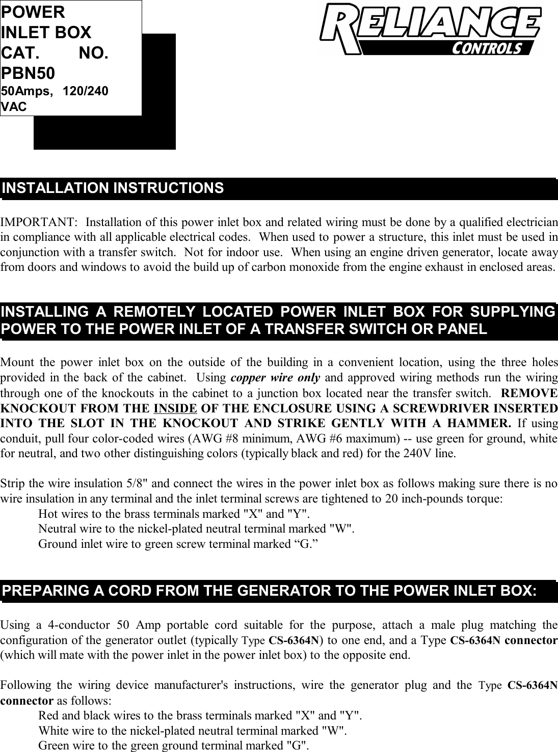 Page 1 of 3 - POWER INLET BOX  Installation Directions