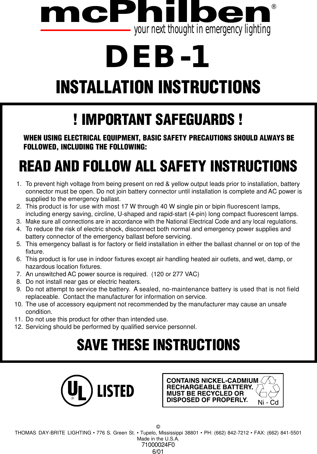 Page 1 of 4 - B100  Installation Directions