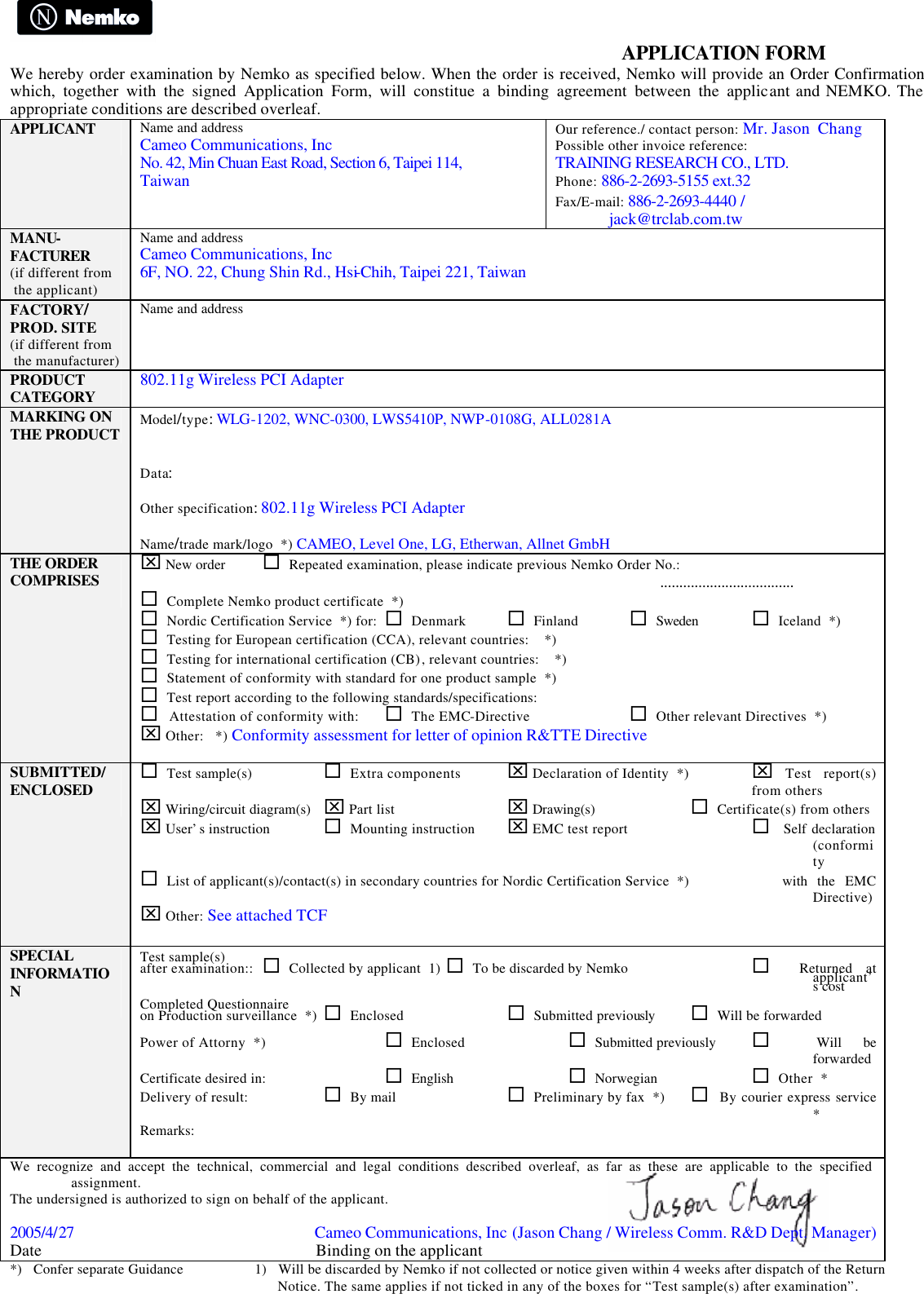 RTTE TCF Form 501682 CE Report Linktek