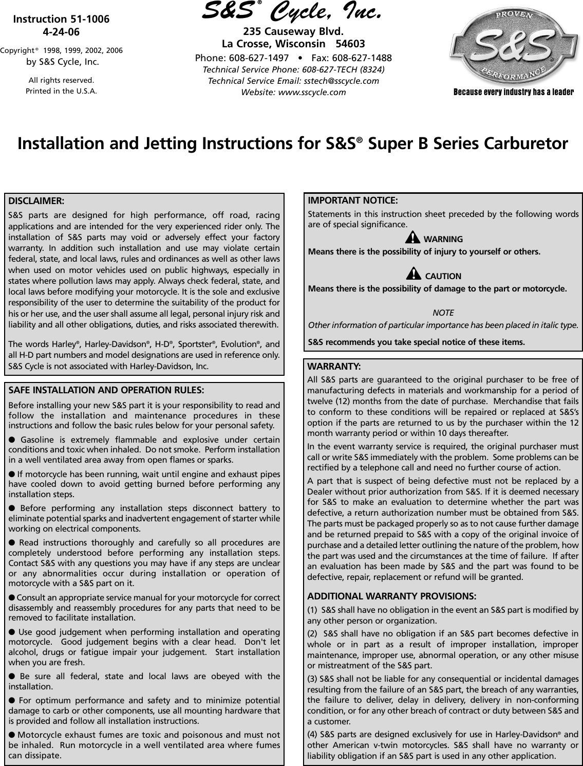 Page 1 of 12 - 51-1028 Piston  51-1006 Superbcarbinstallandjetting 20060424