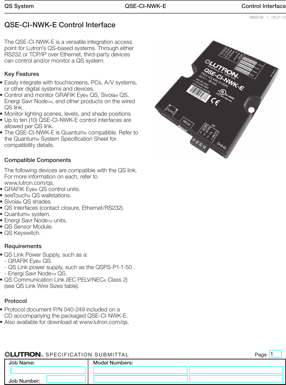 Page 1 of 6 - QSE-CI-NWK-E Control Interface