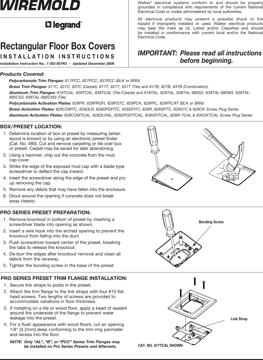 Page 1 of 4 - Rectangular Floor Box Covers Installation Instructions  Directions
