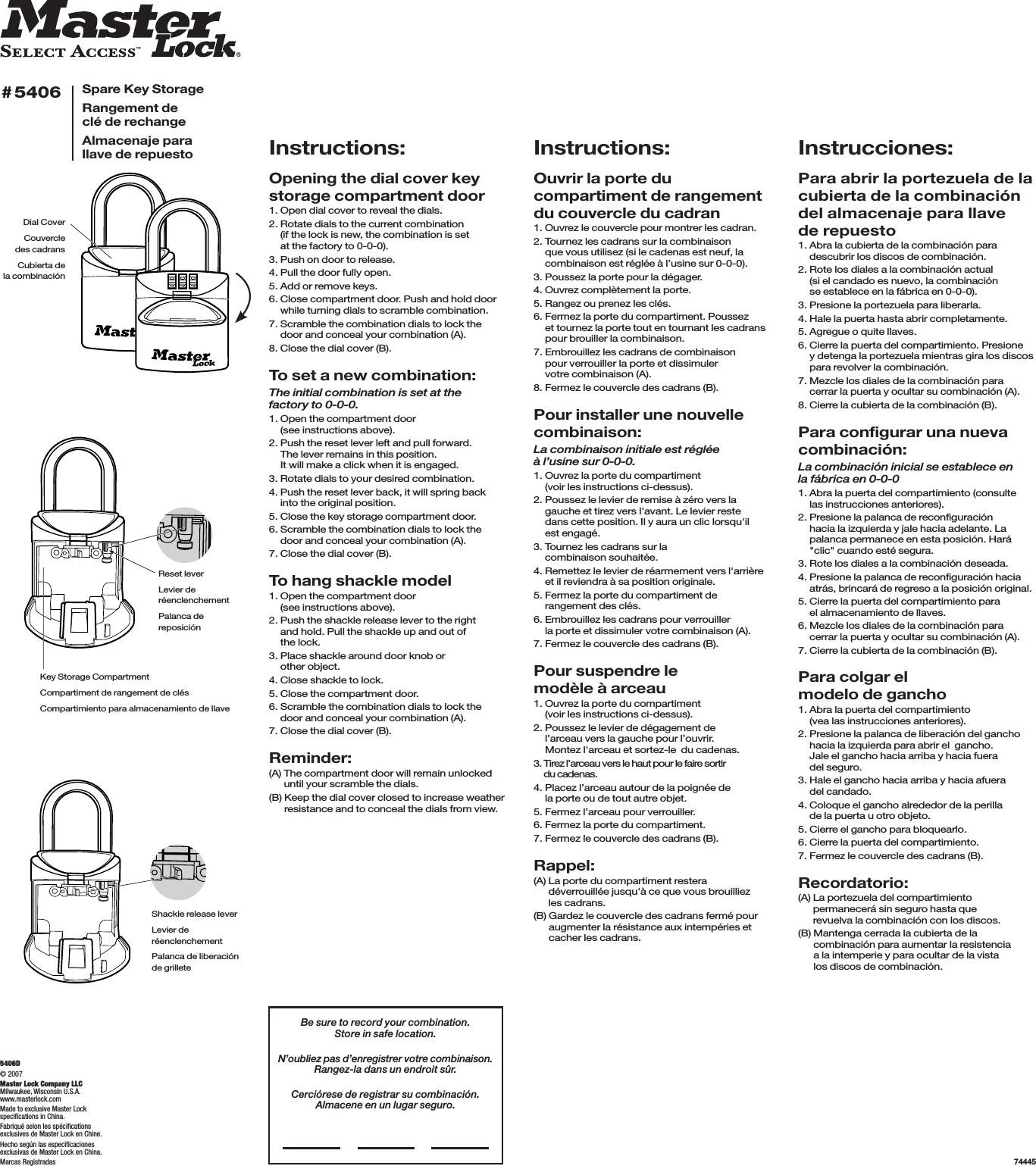 Page 1 of 1 - Master Lock - 5406D Spare Key Storage Instruction Sheet Instructions
