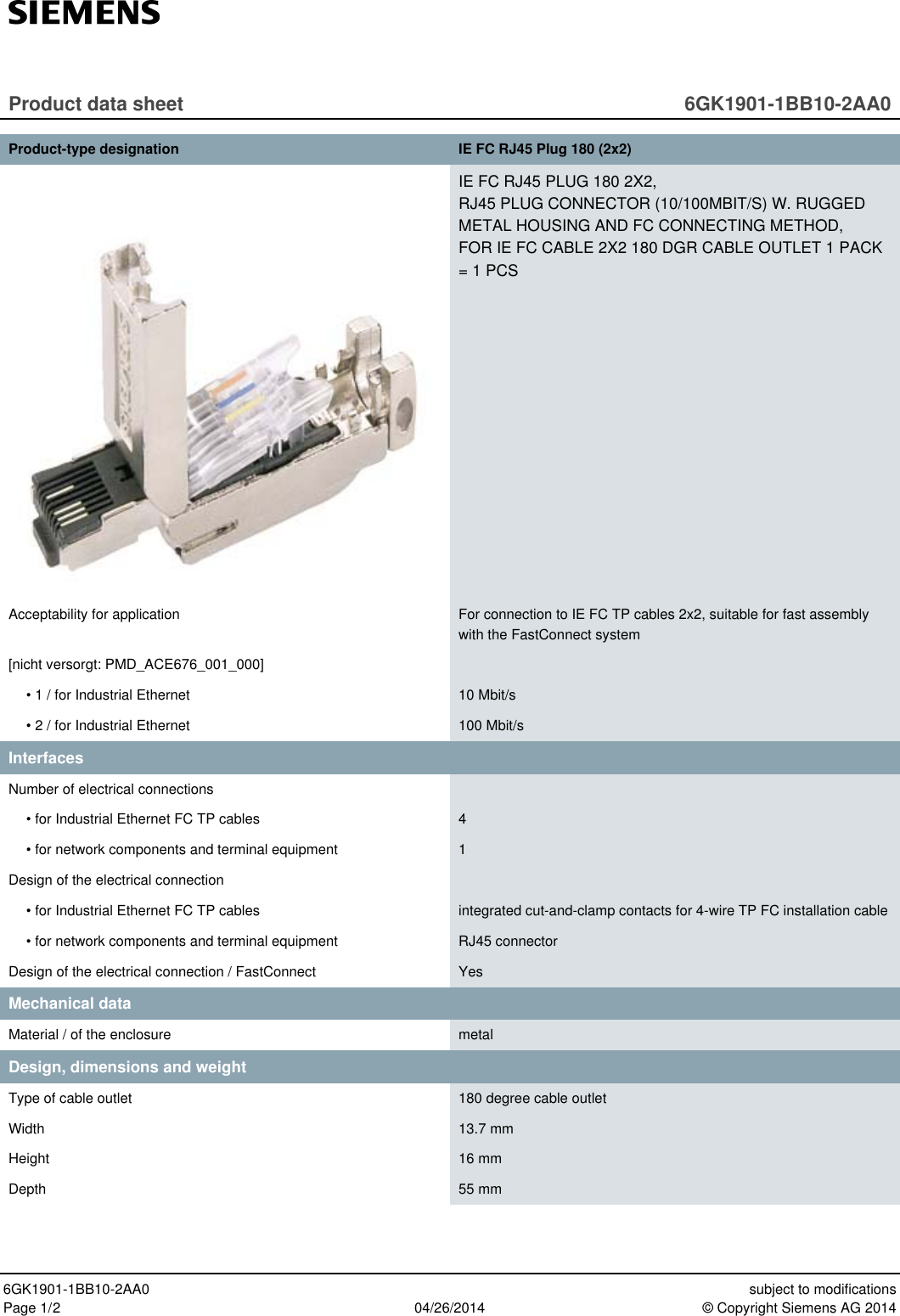 Page 1 of 2 - Product Data Sheet 6GK1901-1BB10-2AA0  Brochure