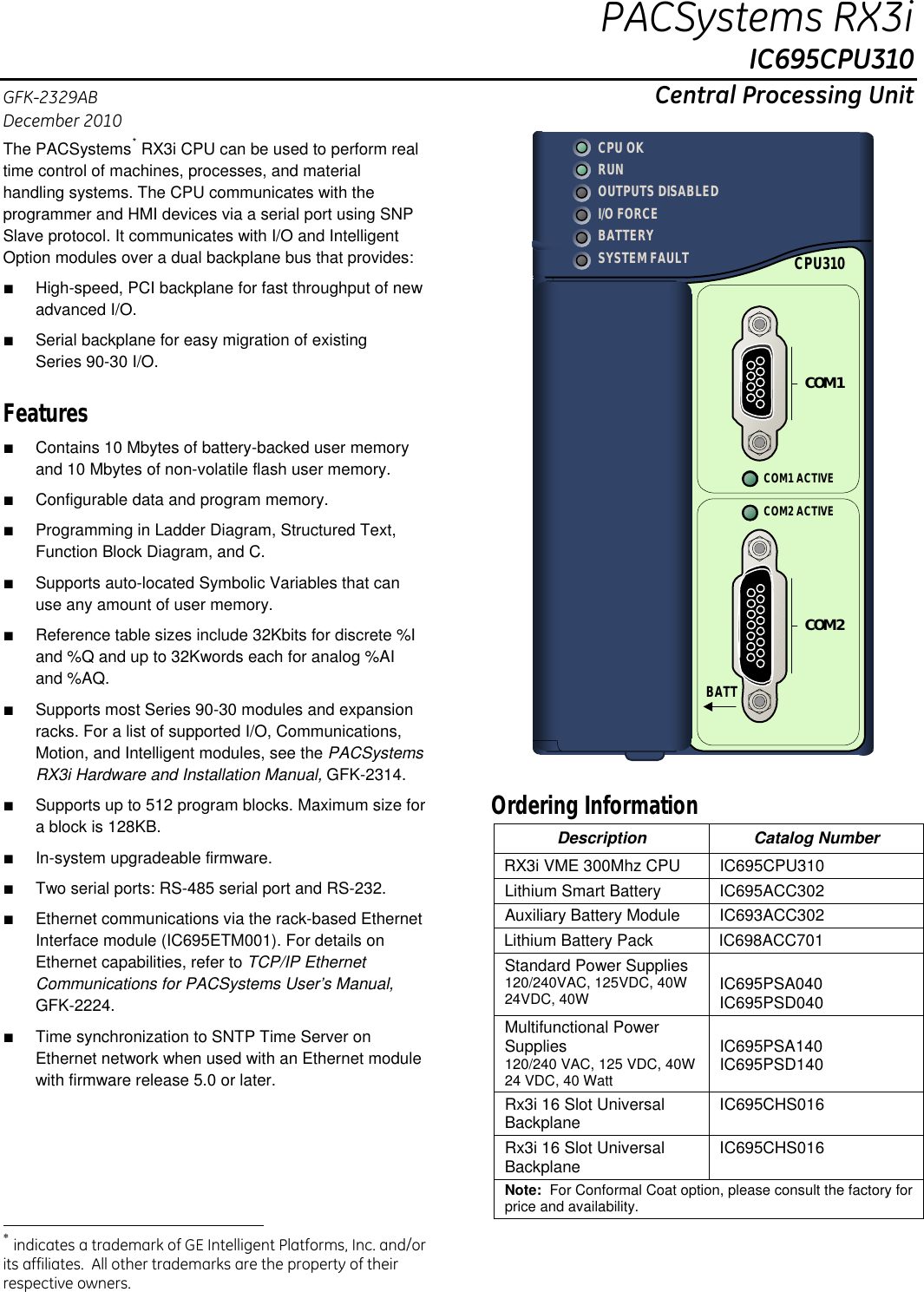 Page 1 of 12 - PACSystems RX3i CPUs, IC695CPU310-GY, V.6.70, GFK-2329AB