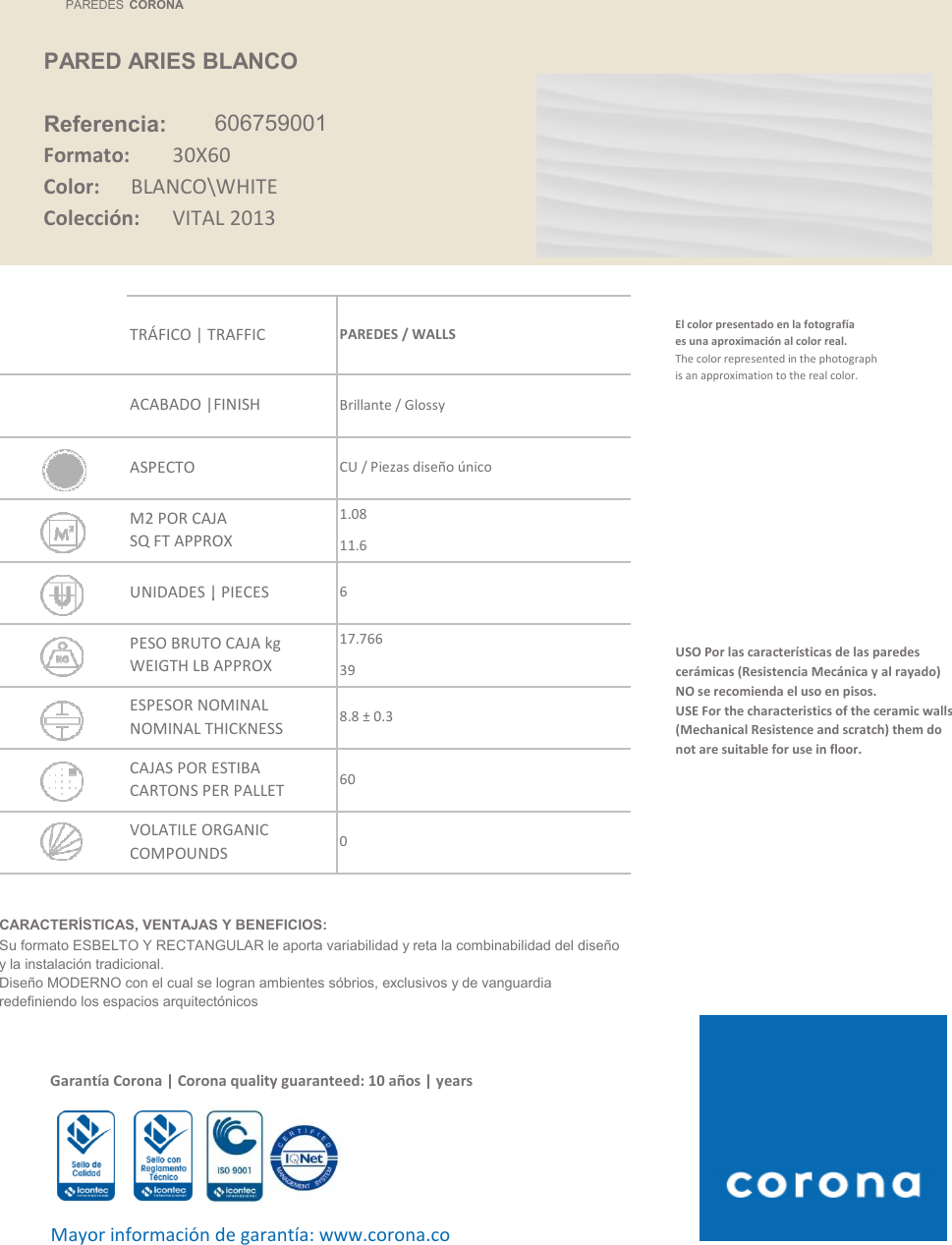 Page 1 of 2 - Base De Datos Fichas Comerciales 2016m  606759001-pared-aries-blanco-technical-sheet-606759001
