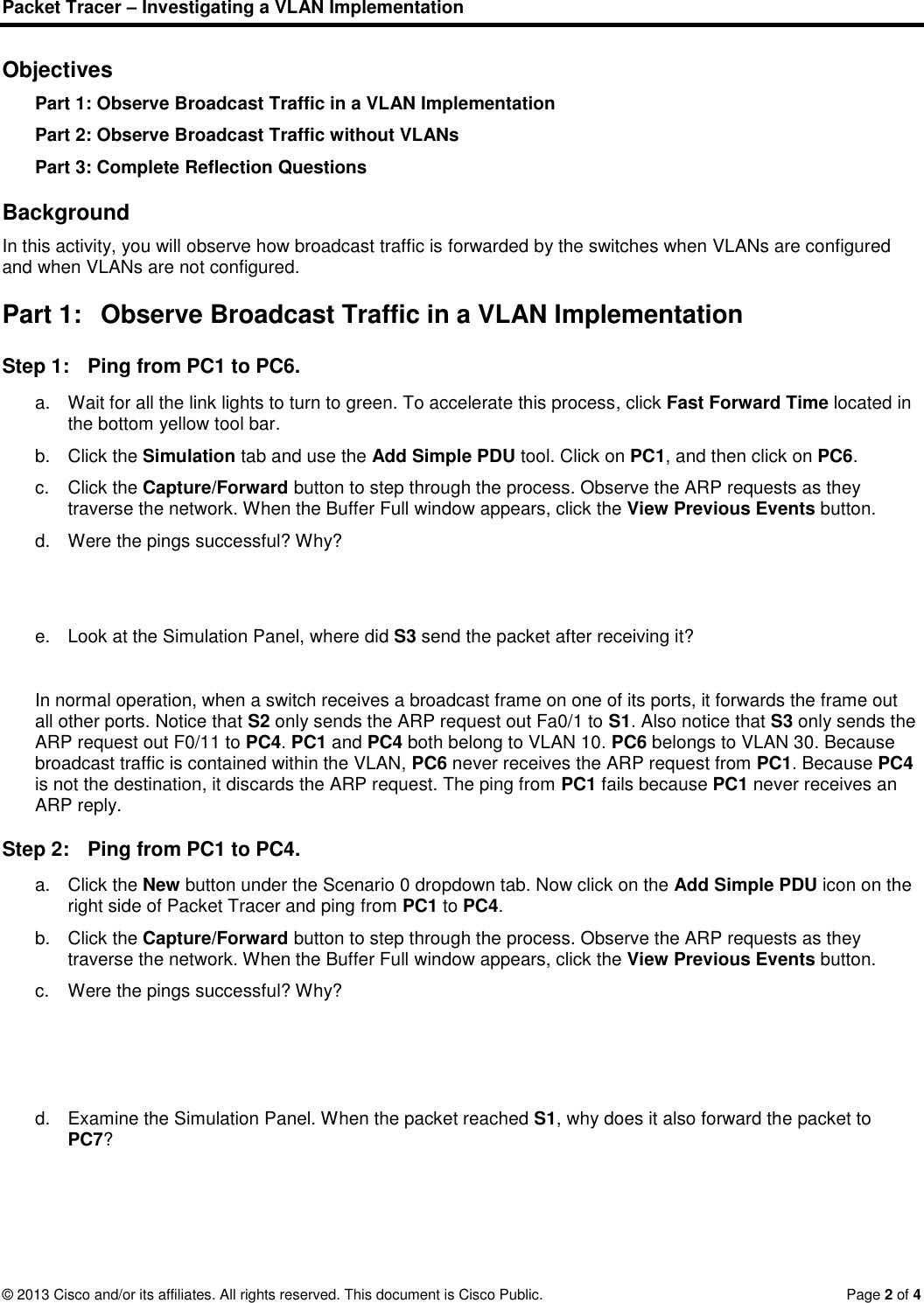 Page 2 of 4 - 6.1.2.7 Packet Tracer - Investigating A VLAN Implementation Instructions