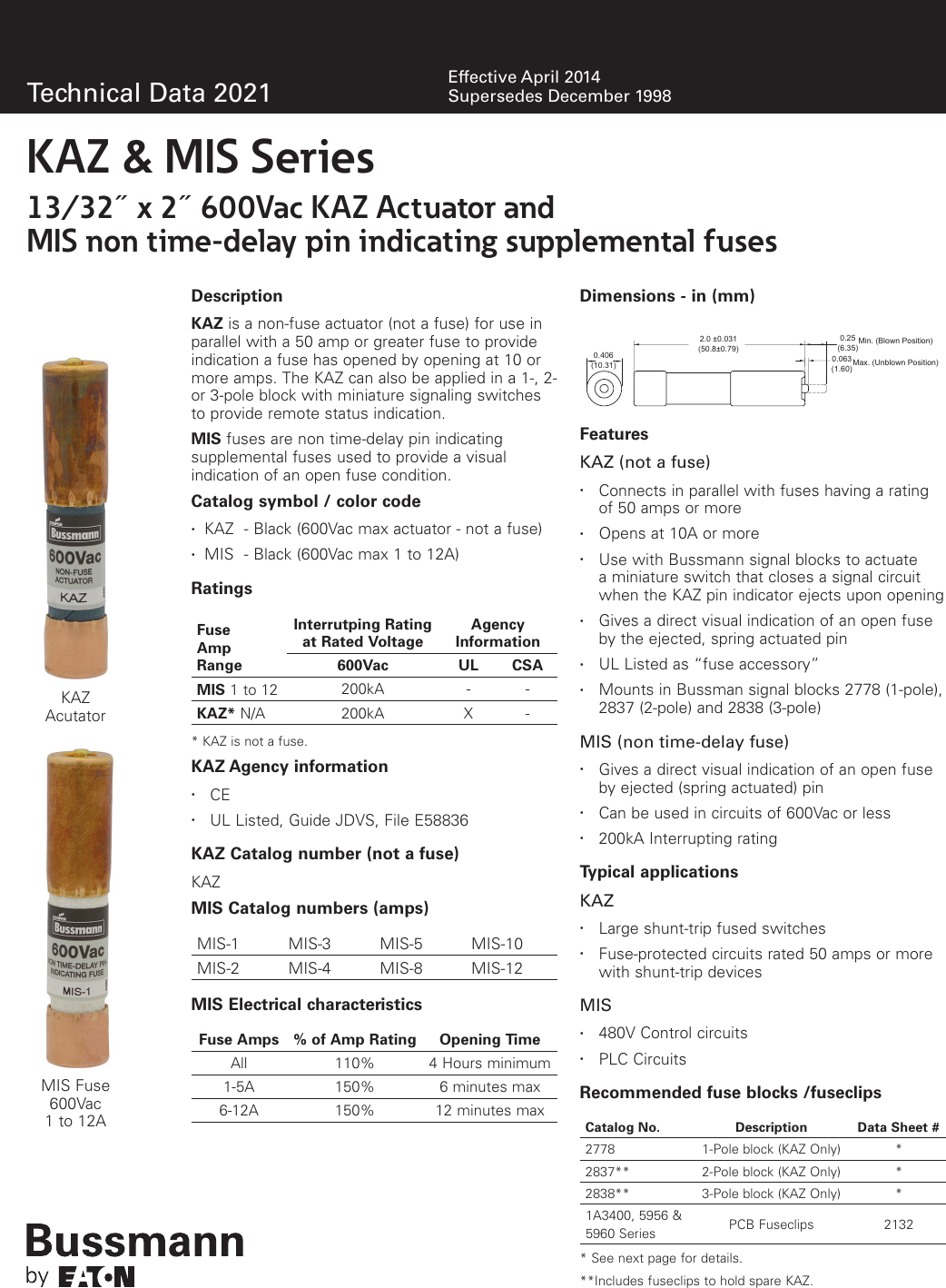 Page 1 of 2 - Bussmann KAZ & MIS Series Actuator Supplemental Fuse Data Sheet # 2021