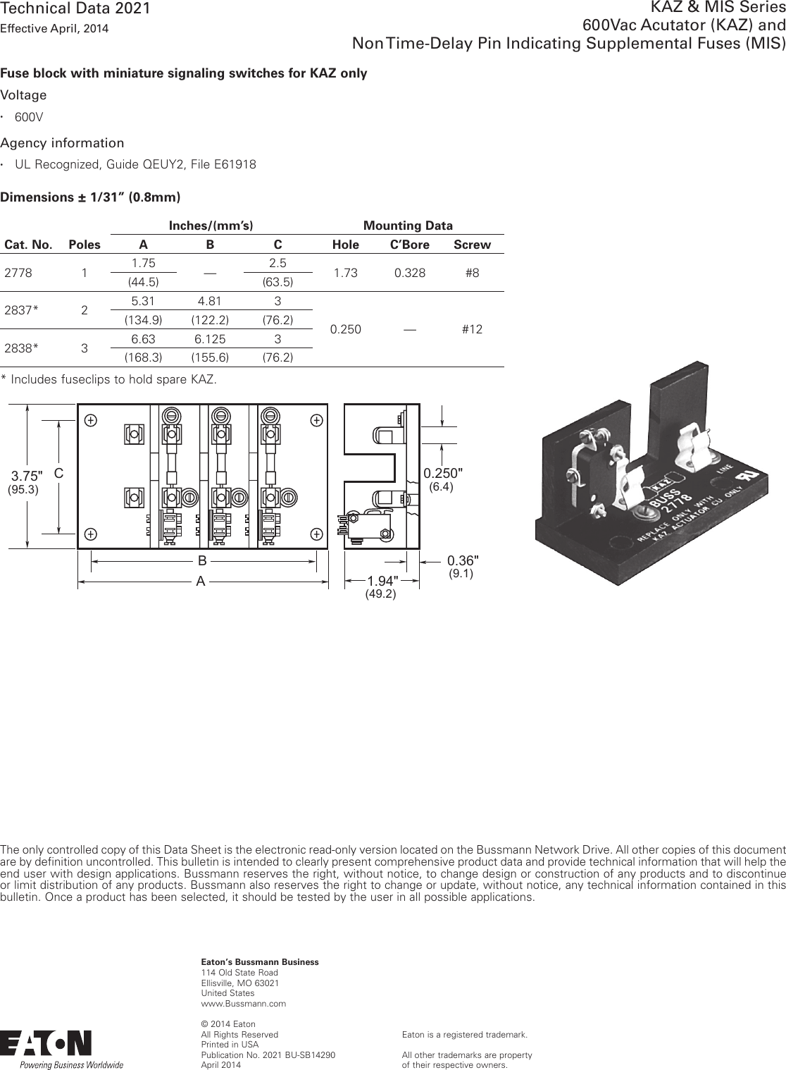Page 2 of 2 - Bussmann KAZ & MIS Series Actuator Supplemental Fuse Data Sheet # 2021