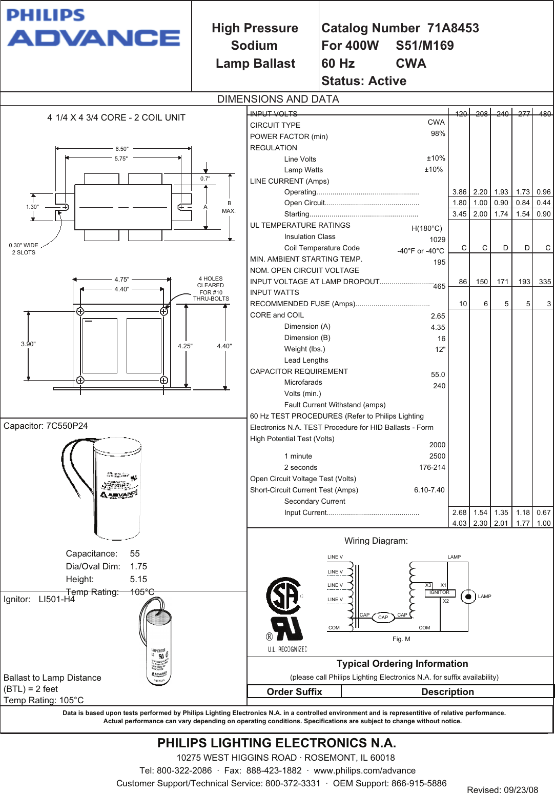 Advance 71A8453001D 400W High Pressure Ballast Spec Sheet