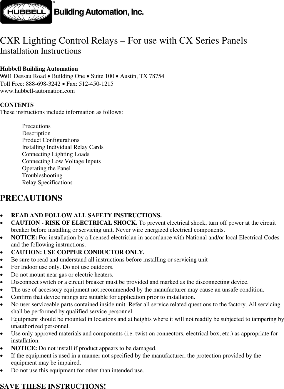 Page 1 of 4 - CX_LightingControlRelayInstructions012611  Installation Directions