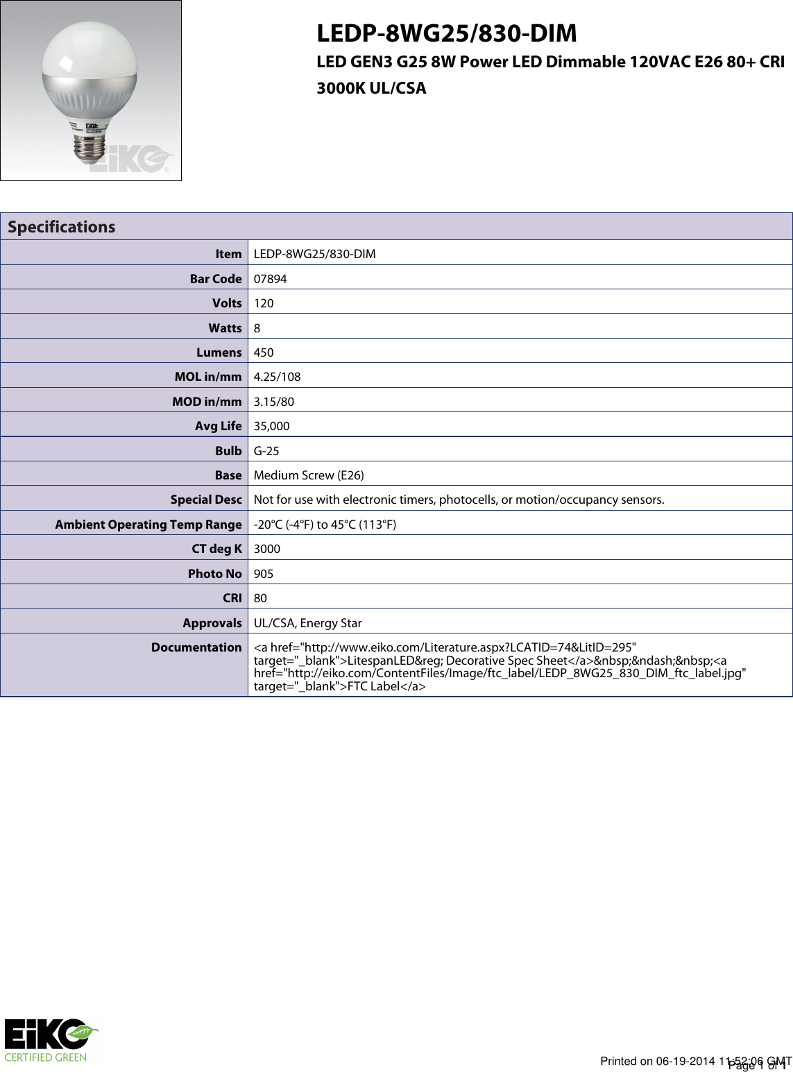 Page 1 of 1 - LEDP-8WG25/830-DIM Specifications