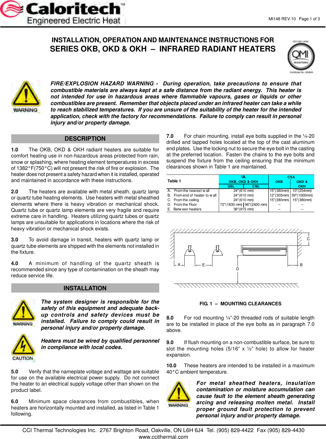 Page 1 of 6 - Caloritech Series OKB/OKD/OKH Infrared Radiant Heaters - Instruction Sheet  7024-Installatioun