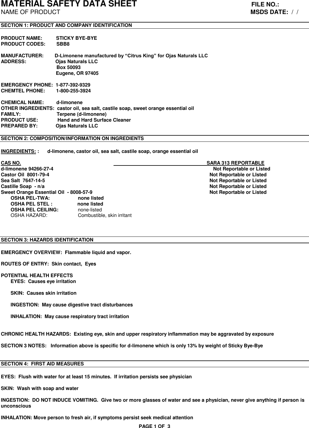 Page 1 of 3 - MATERIAL SAFETY DATA SHEET  OF X 704435 MSDS