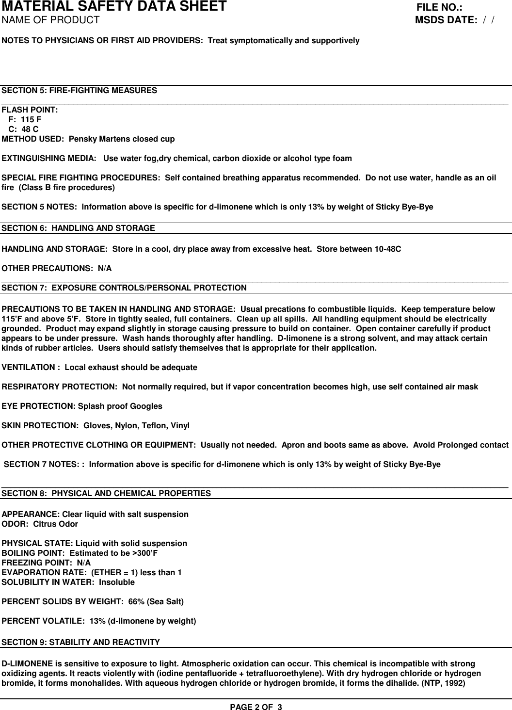 Page 2 of 3 - MATERIAL SAFETY DATA SHEET  OF X 704435 MSDS