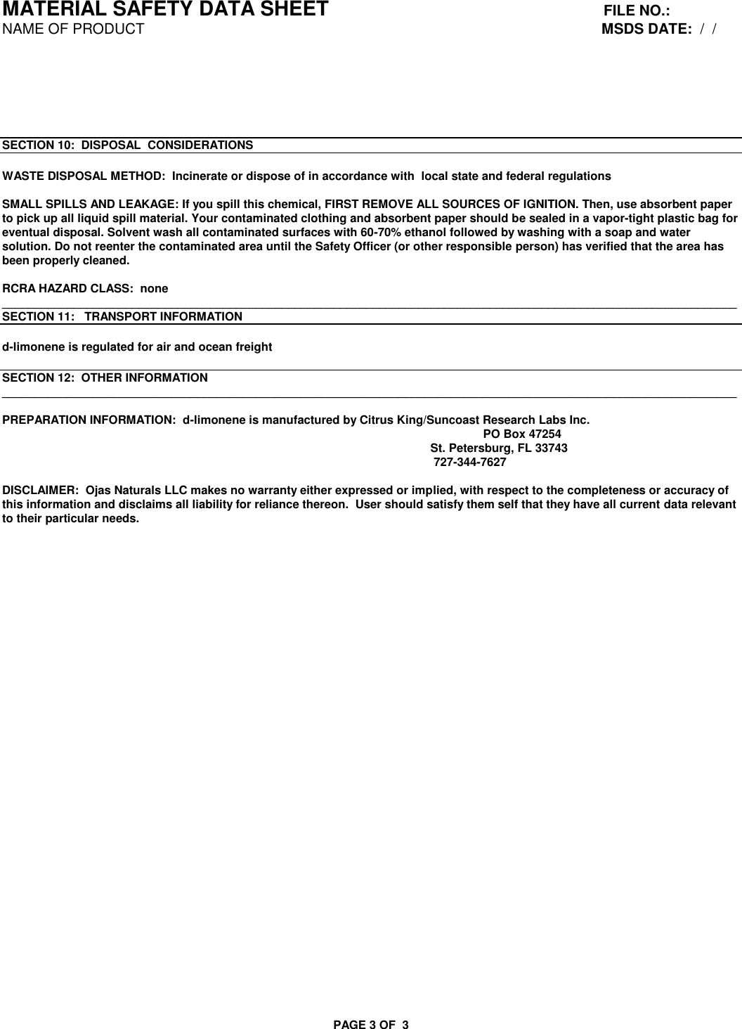 Page 3 of 3 - MATERIAL SAFETY DATA SHEET  OF X 704435 MSDS