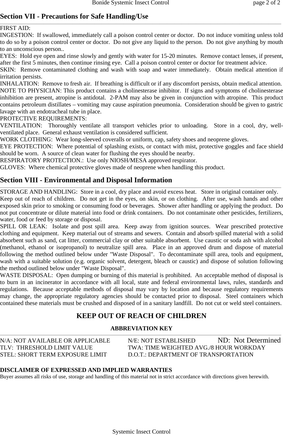 Page 2 of 2 - Systemic Insect Control, 239-2461-4  704760 MSDS