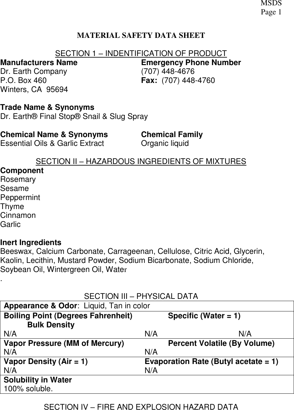 Page 1 of 3 - Organic 4 MSDS Info-Sheet  704930