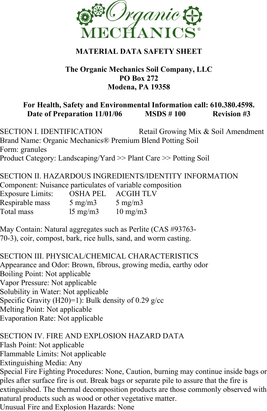 Page 1 of 3 - MSDS_OrganicMechanicsPremiumBlendPottingSoilx  715935 MSDS