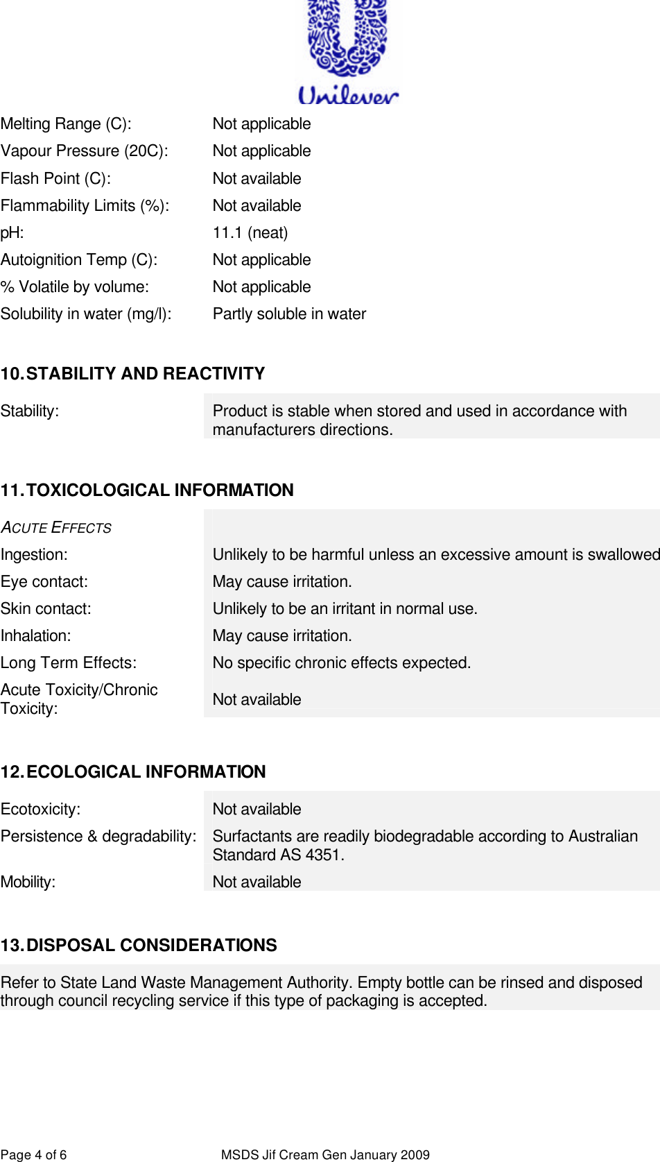 Page 4 of 6 - MSDS Jif Cream Gen January 2009  716052B