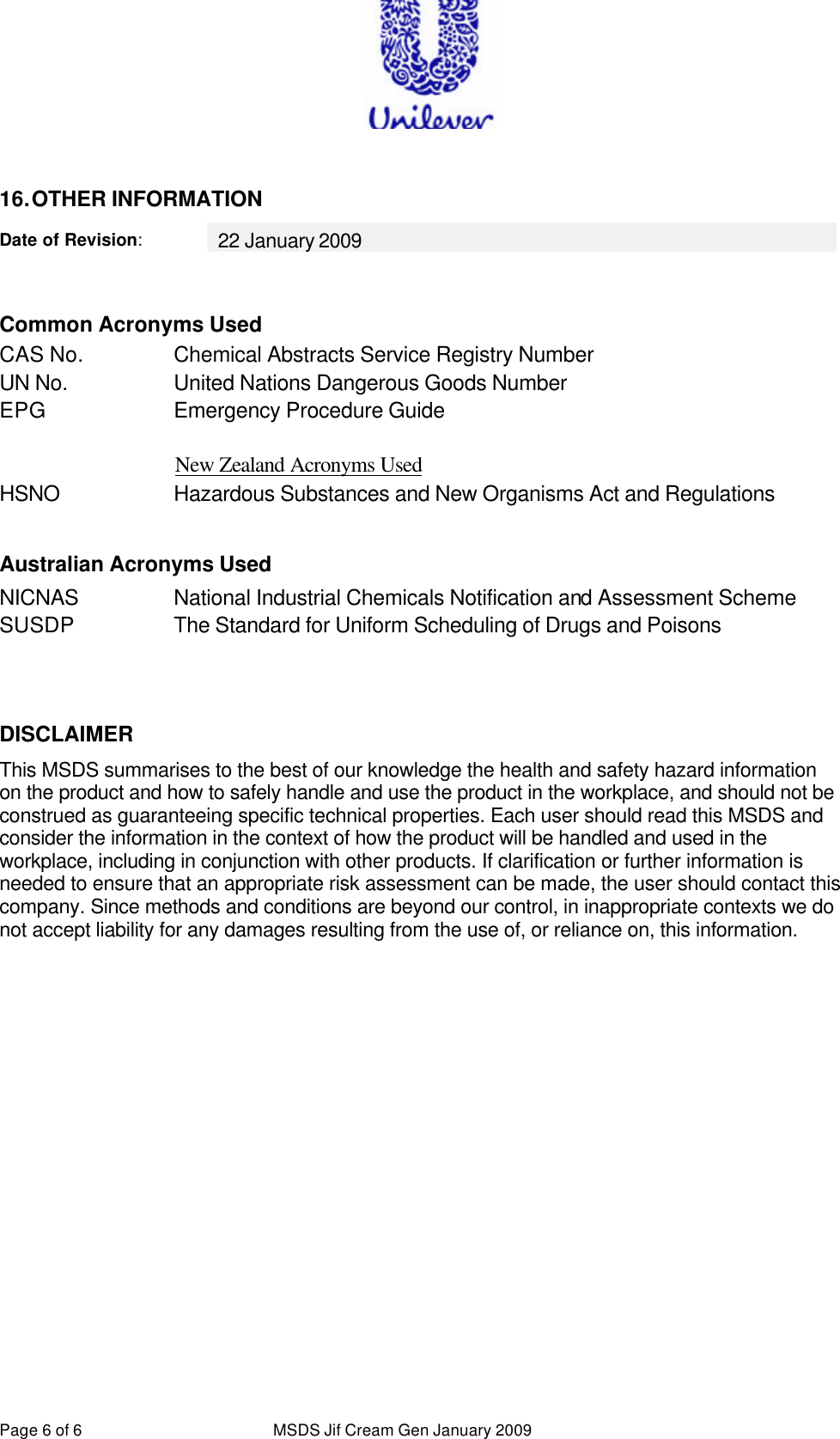 Page 6 of 6 - MSDS Jif Cream Gen January 2009  716052B