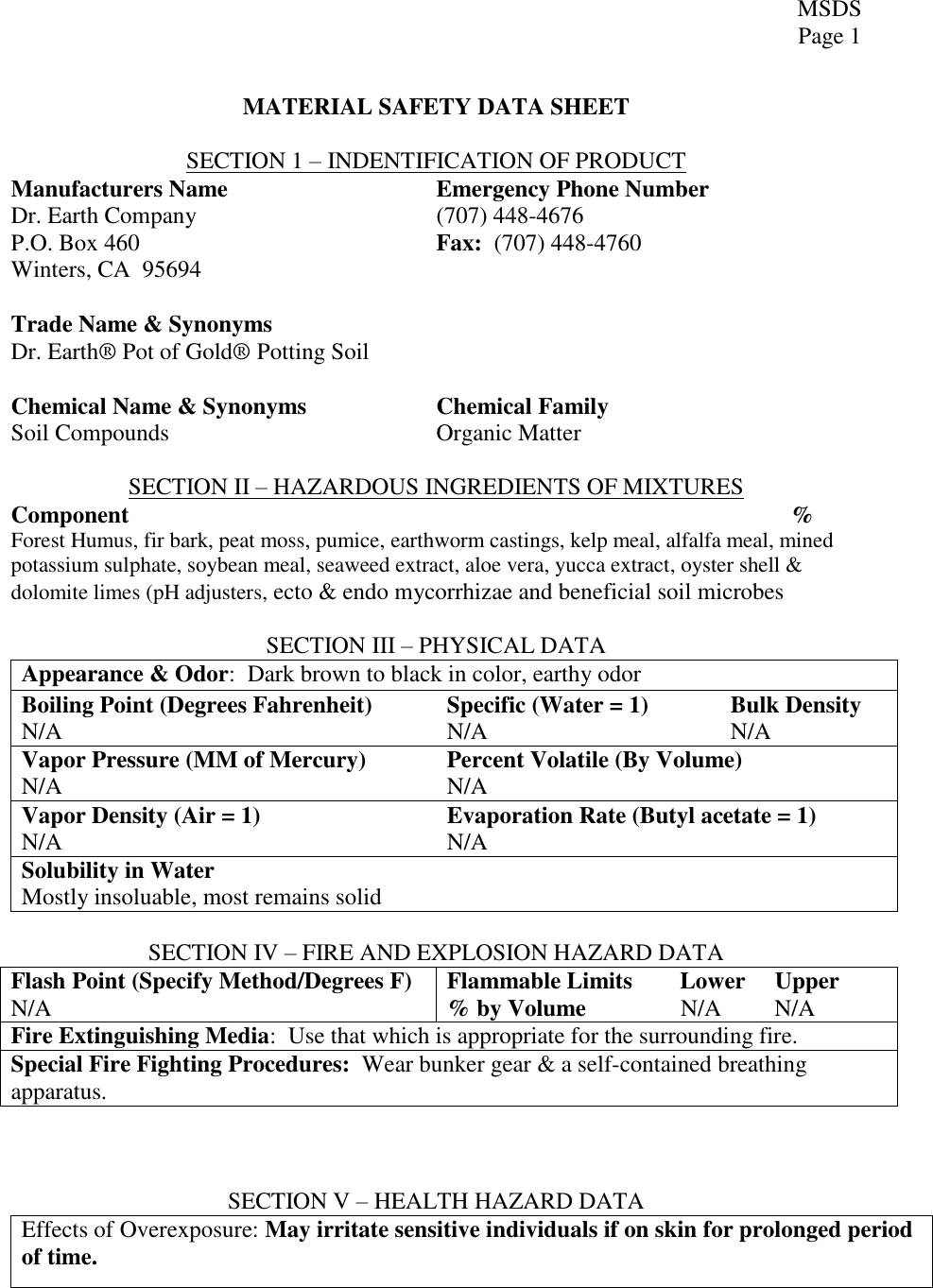 Organic 1 Msds Info Sheet 717130