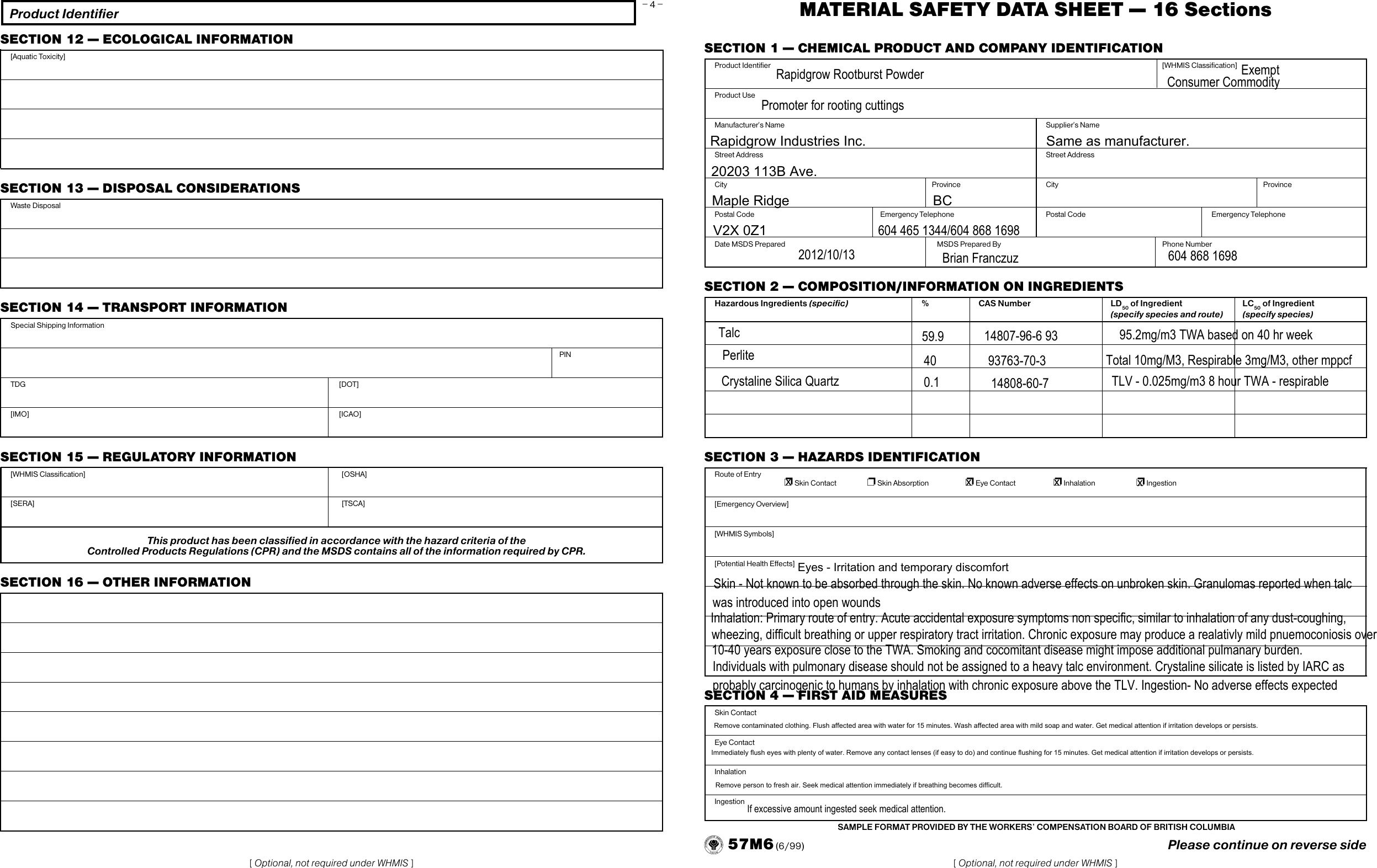 Page 1 of 4 - Material Safety Data Sheet -- 16 Sections  717376 MSDS