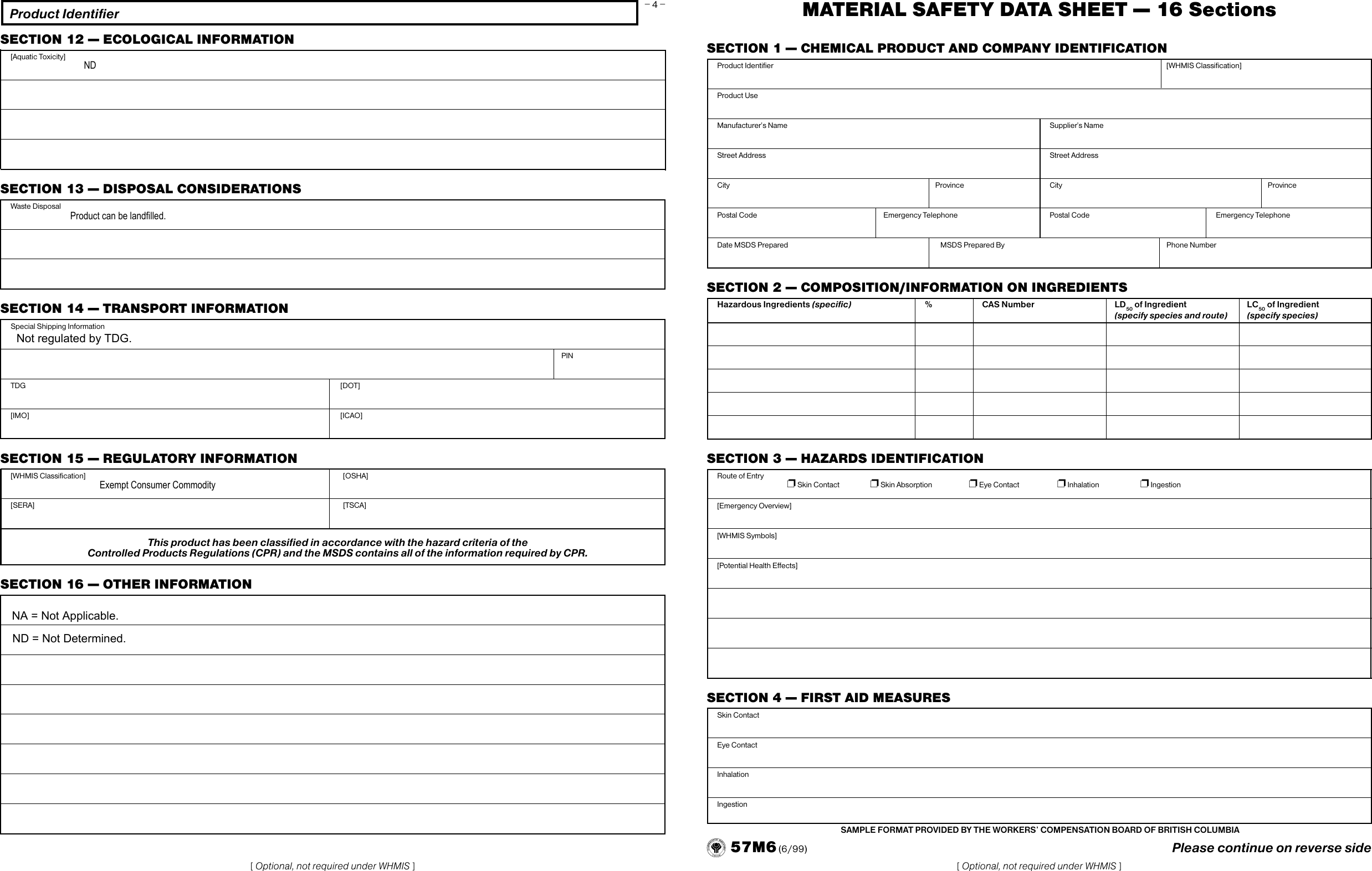 Page 4 of 4 - Material Safety Data Sheet -- 16 Sections  717376 MSDS