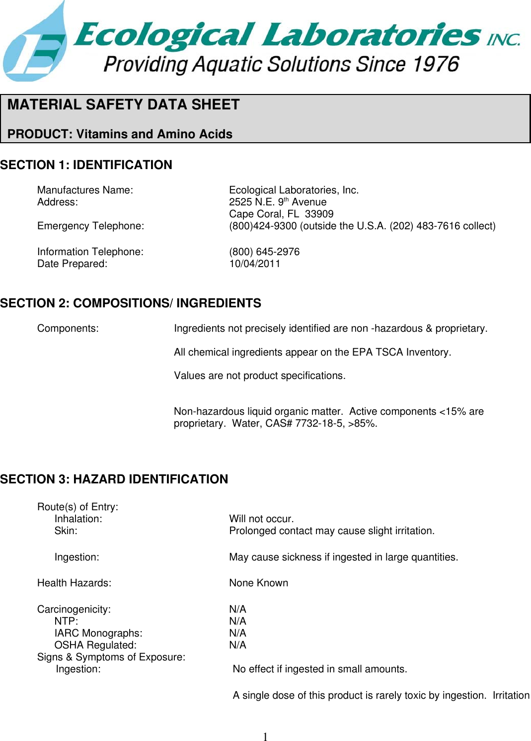 MSDS Vitamins And Amino Acids 717610