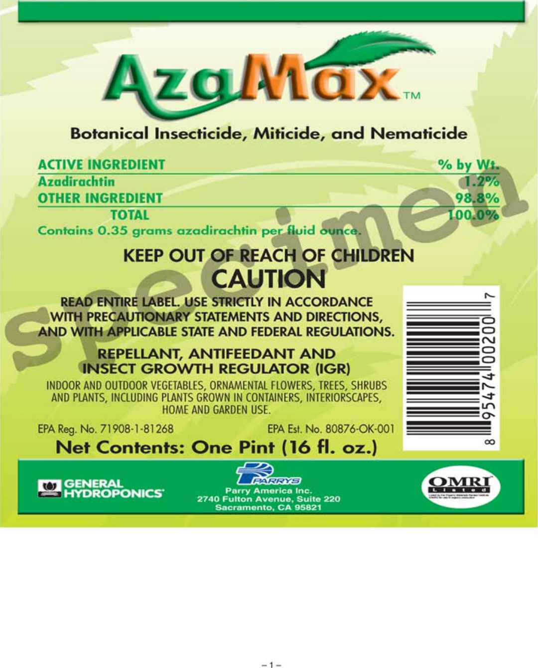 Page 1 of 5 - Azamax Specimen Label  724464 Instructions