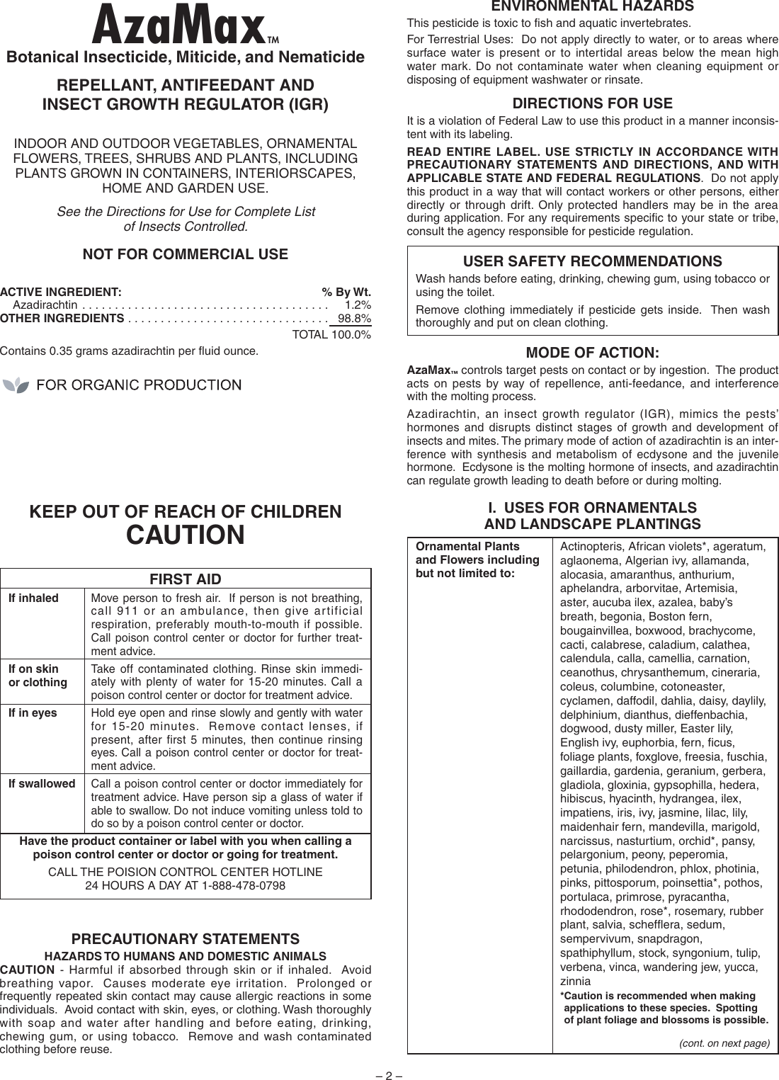 Page 2 of 5 - Azamax Specimen Label  724464 Instructions