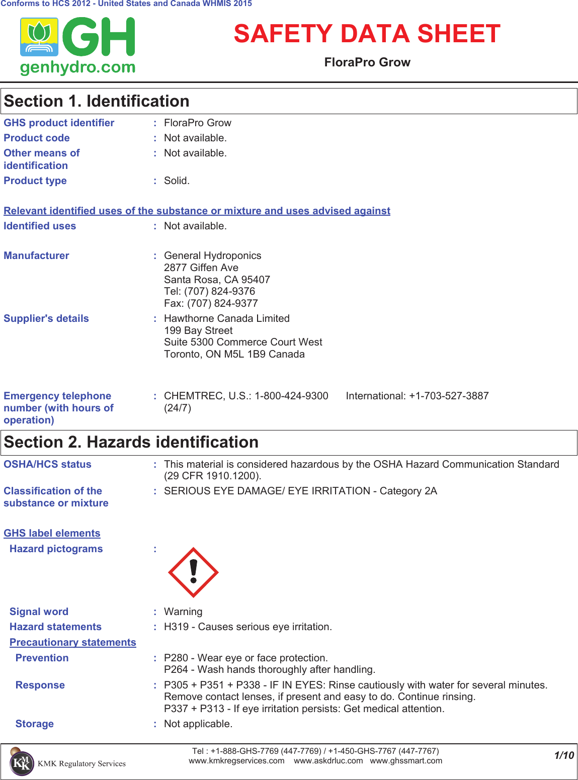 Professional General Hydroponics Florapro Grow 9 11 19 S20865 Ef 733600 Sds