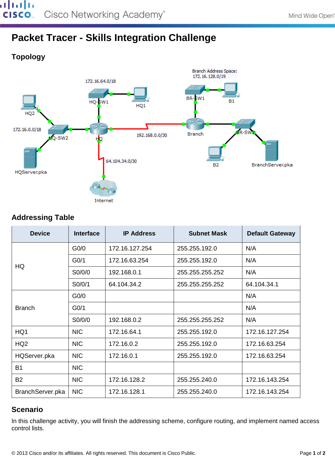 Page 1 of 2 - 7.4.1.2 Packet Tracer - Skills Integration Challenge Instructions